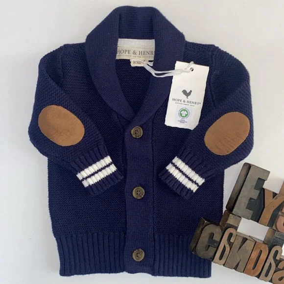 🆕HOPE & HENRY Infant Organic Navy Shawl Collar/Elbow Patches Cardigan Sweater - Picture 1 of 10